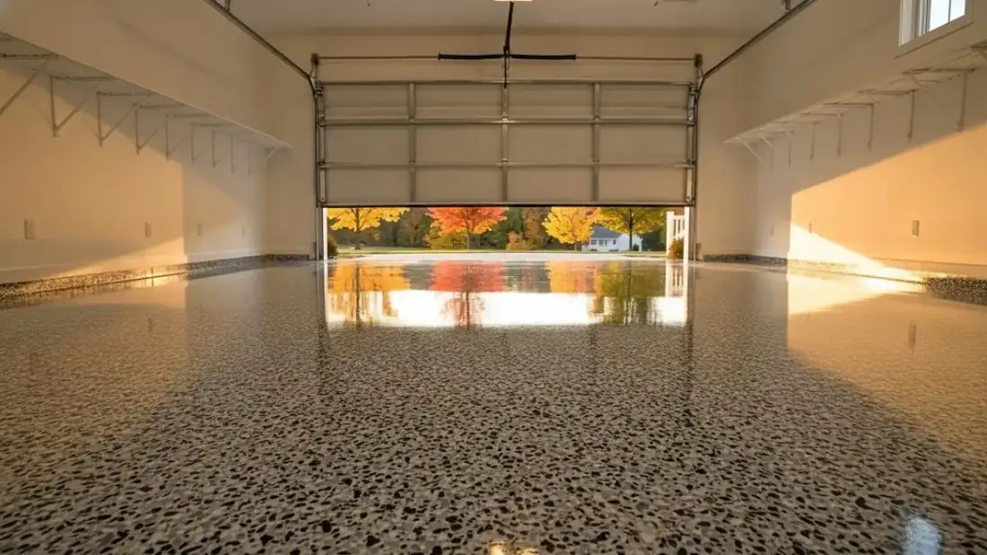 Garage with a gray full-broadcast flake epoxy floor (AI preview)